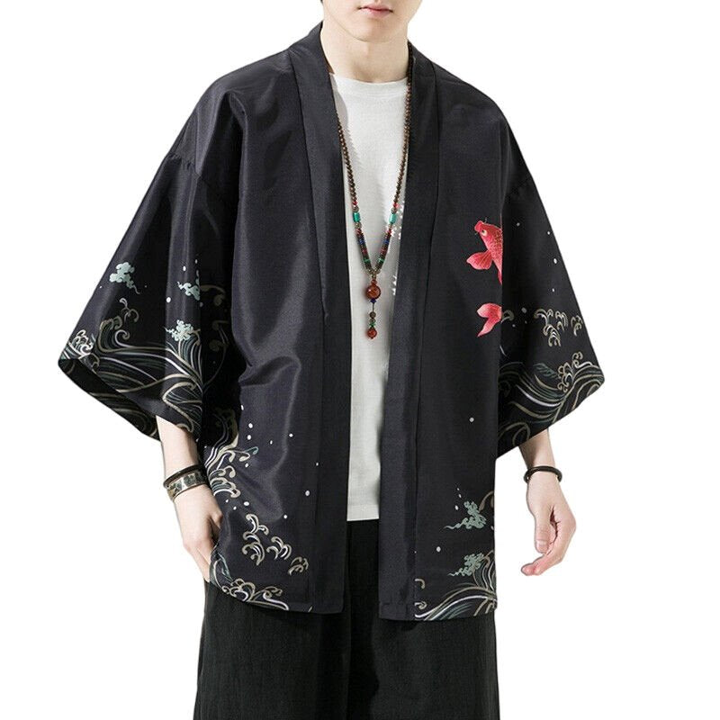 Golden Koi and Japanese Crane Men Kimono-Kawaii Dream
