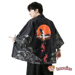 Golden Koi and Japanese Crane Men Kimono-Kawaii Dream