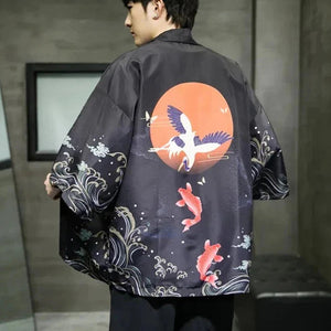 Golden Koi and Japanese Crane Men Kimono-Kawaii Dream