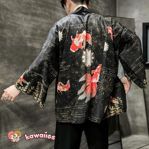 Golden Koi and Japanese Crane Men Kimono-Kawaii Dream