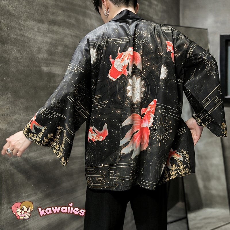 Golden Koi and Japanese Crane Men Kimono-Kawaii Dream