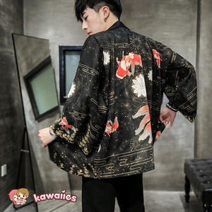 Golden Koi and Japanese Crane Men Kimono-Kawaii Dream