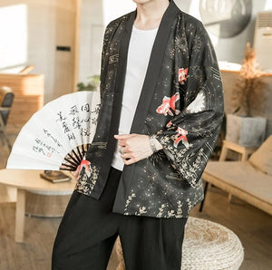 Golden Koi and Japanese Crane Men Kimono-Kawaii Dream