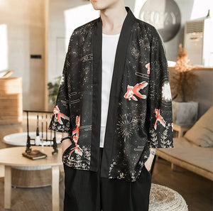 Golden Koi and Japanese Crane Men Kimono-Kawaii Dream