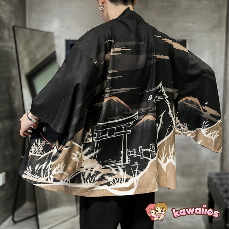 Golden Wild Autumn and Misty Torii Men Kimono-Kawaii Dream