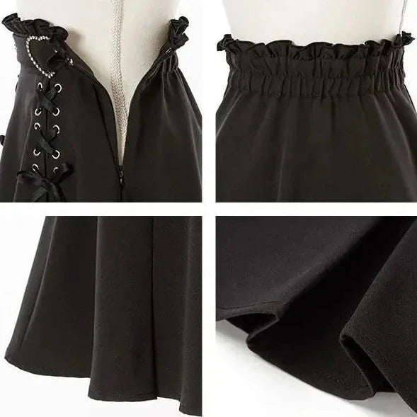 Gothic Black Heart Bow High Waist Mini Skirt-Kawaii Dream
