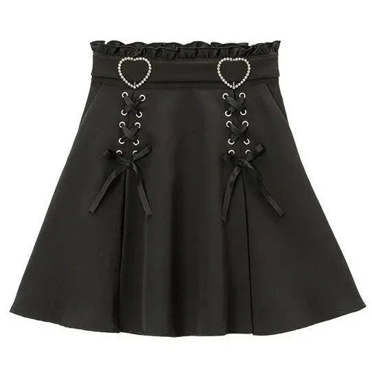 Gothic Black Heart Bow High Waist Mini Skirt-Kawaii Dream