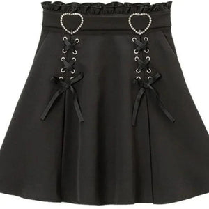Gothic Black Heart Bow High Waist Mini Skirt-Kawaii Dream