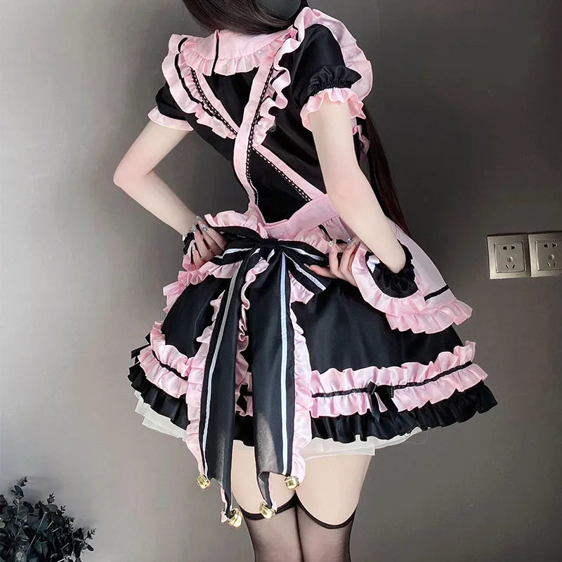 Gothic Black Pink Sweet Lolita Women's Maid Dress Bowknots-Kawaii Dream