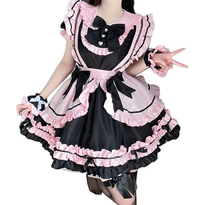 Gothic Black Pink Sweet Lolita Women's Maid Dress Bowknots-Kawaii Dream