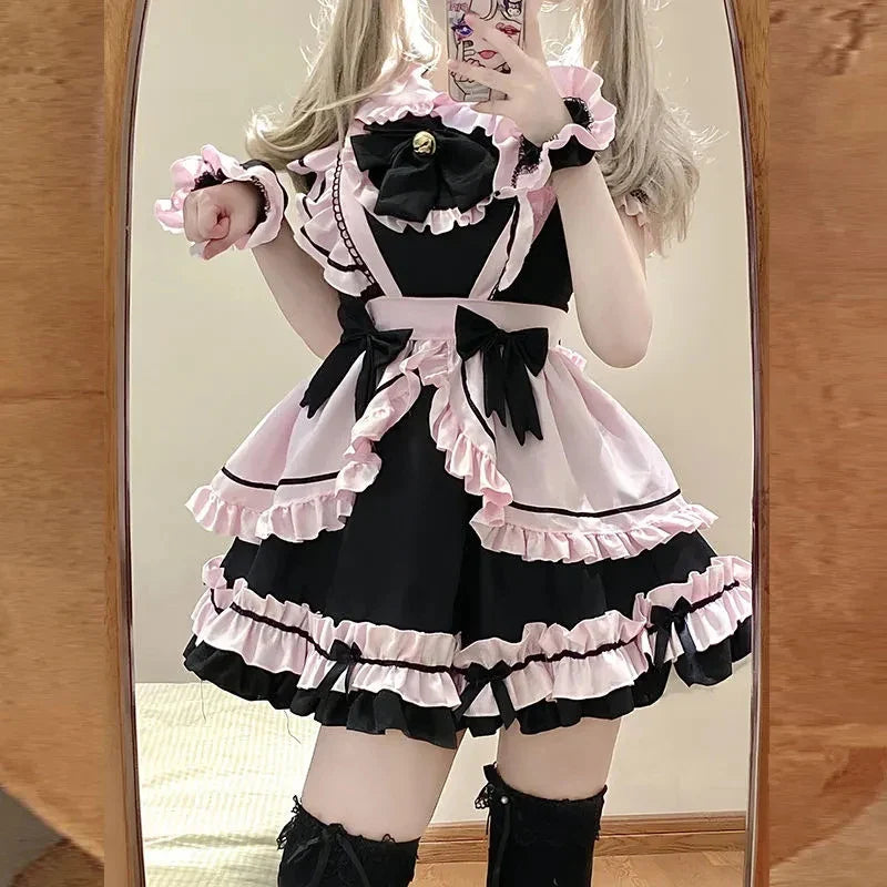 Gothic Black Pink Sweet Lolita Women's Maid Dress Bowknots-Kawaii Dream