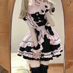 Gothic Black Pink Sweet Lolita Women's Maid Dress Bowknots-Kawaii Dream