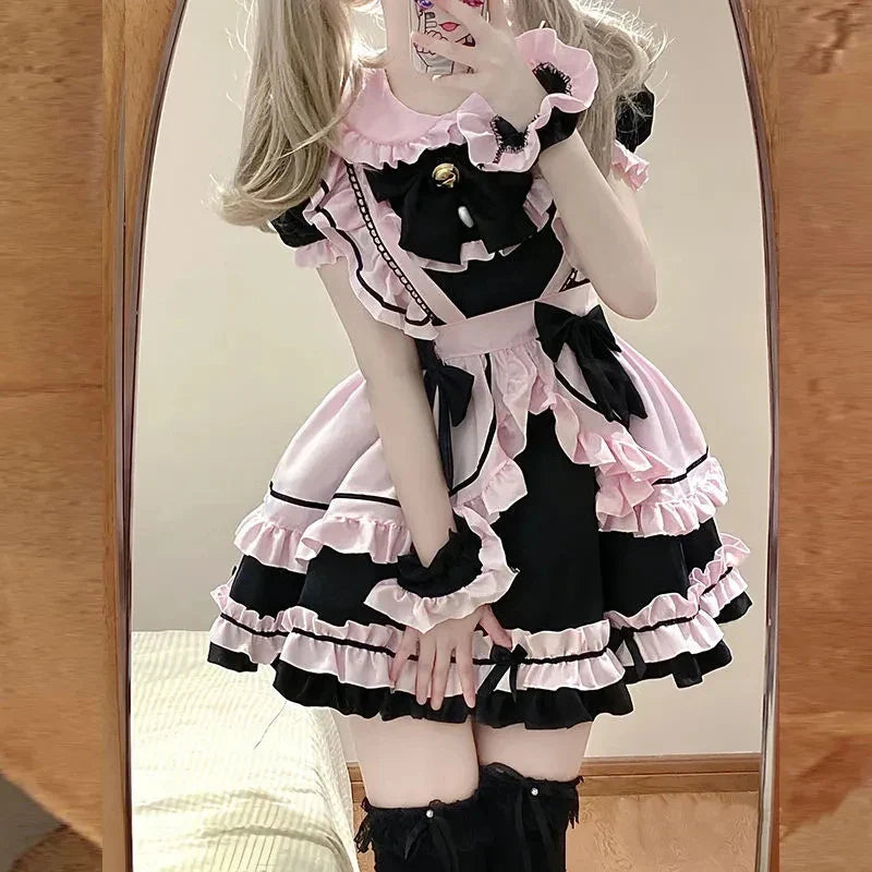Gothic Black Pink Sweet Lolita Women's Maid Dress Bowknots-Kawaii Dream