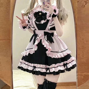 Gothic Black Pink Sweet Lolita Women's Maid Dress Bowknots-Kawaii Dream