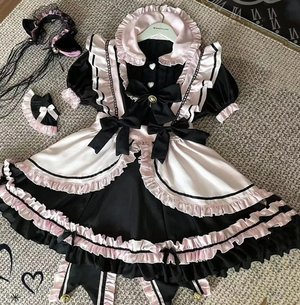 Gothic Black Pink Sweet Lolita Women's Maid Dress Bowknots-Kawaii Dream
