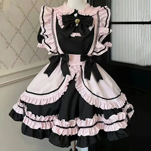 Gothic Black Pink Sweet Lolita Women's Maid Dress Bowknots-Kawaii Dream