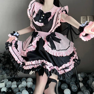 Gothic Black Pink Sweet Lolita Women's Maid Dress Bowknots-Kawaii Dream