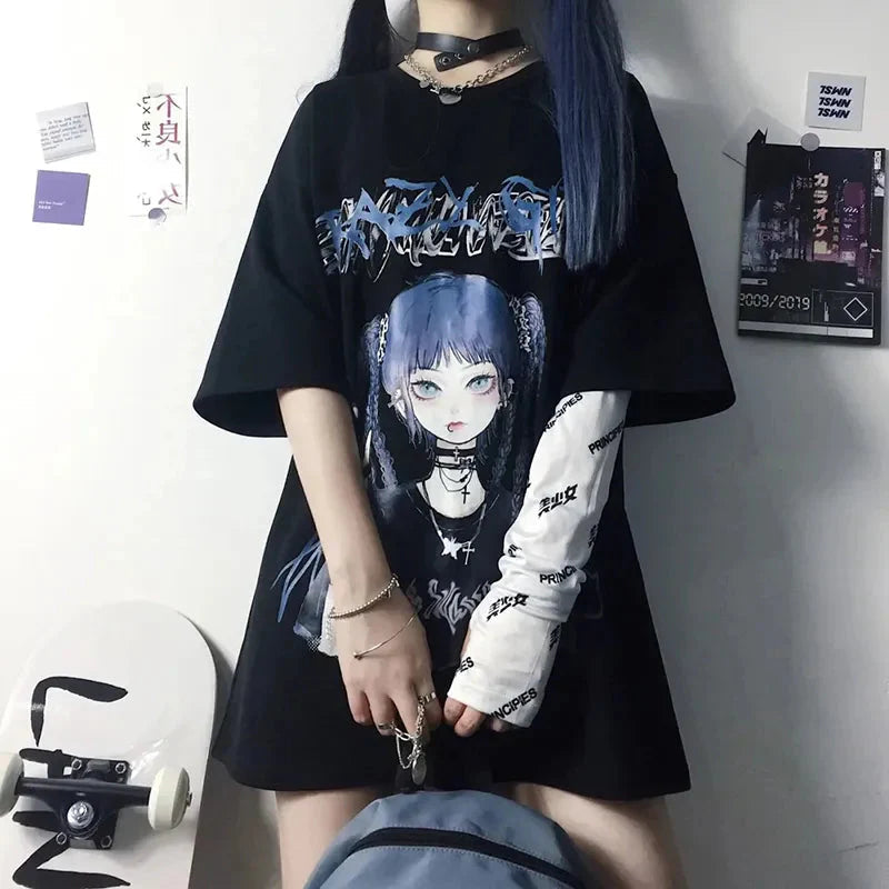 Gothic Blue Hair Emo Anime Girl Women's Tee-Kawaii Dream