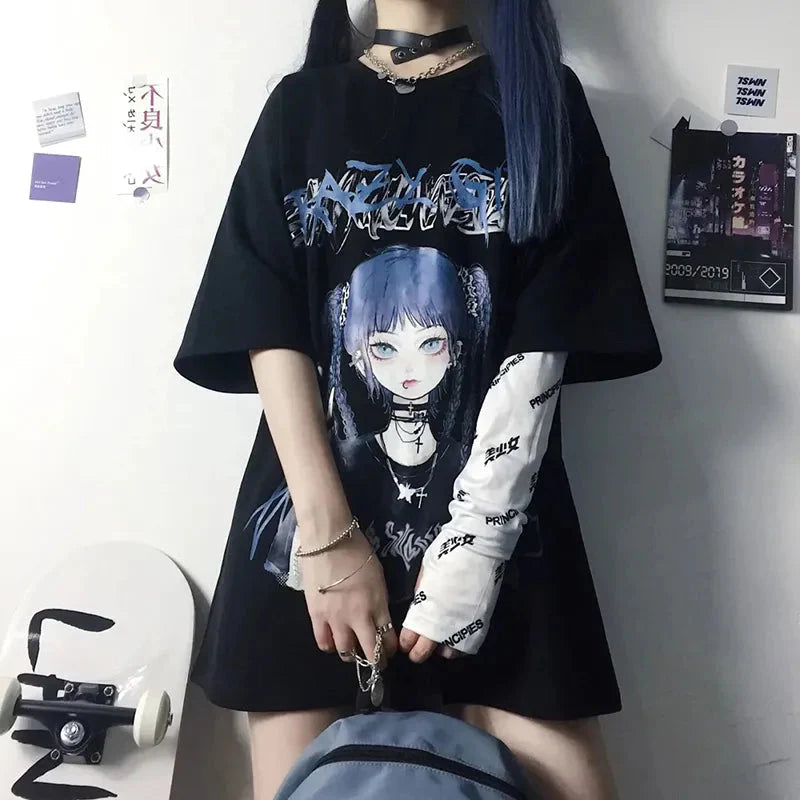 Gothic Blue Hair Emo Anime Girl Women's Tee-Kawaii Dream