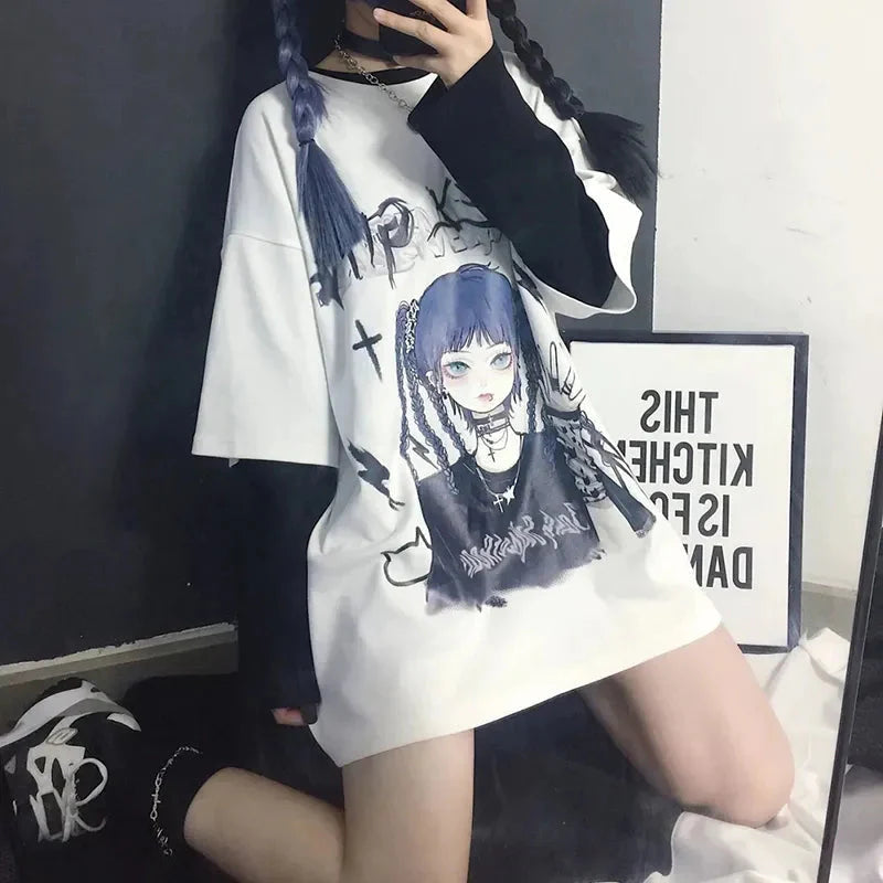 Gothic Blue Hair Emo Anime Girl Women's Tee-Kawaii Dream