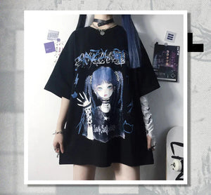 Gothic Blue Hair Emo Anime Girl Women's Tee-Kawaii Dream