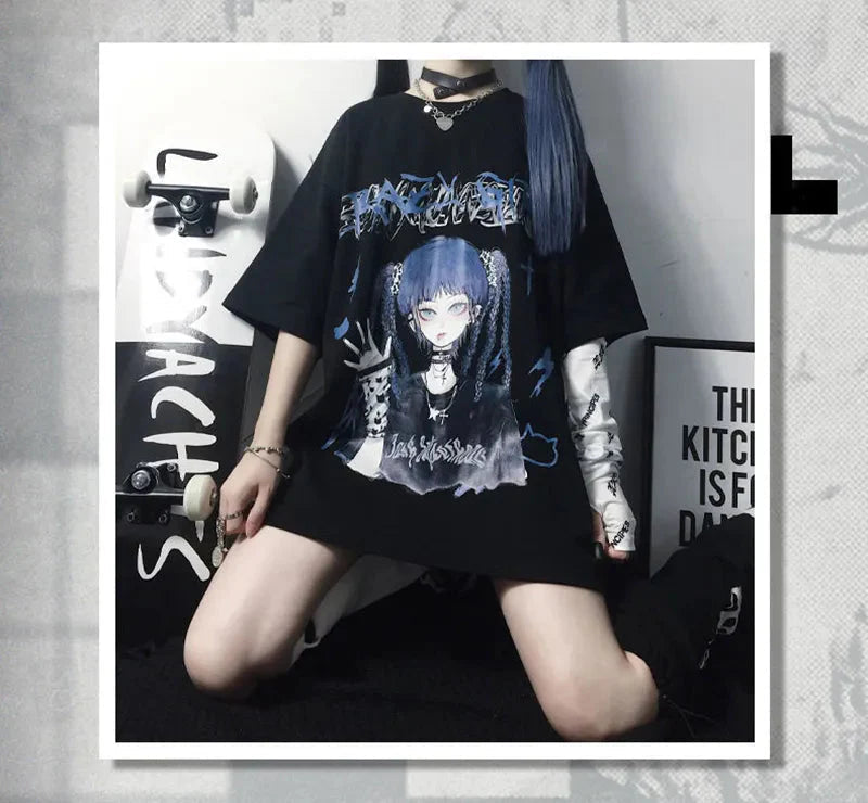 Gothic Blue Hair Emo Anime Girl Women's Tee-Kawaii Dream