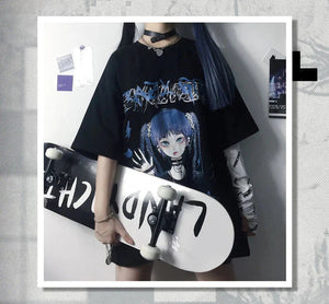 Gothic Blue Hair Emo Anime Girl Women's Tee-Kawaii Dream