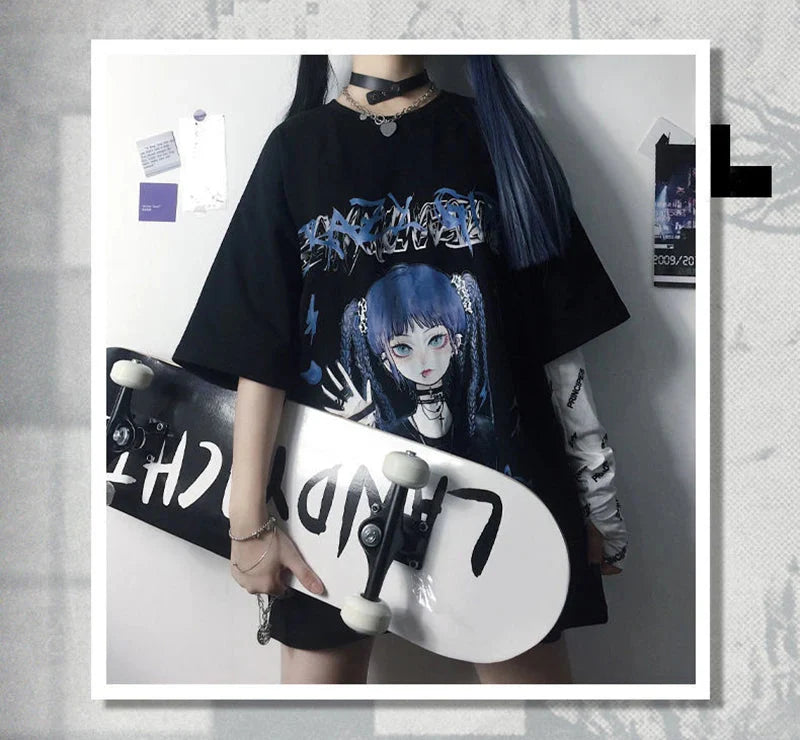 Gothic Blue Hair Emo Anime Girl Women's Tee-Kawaii Dream