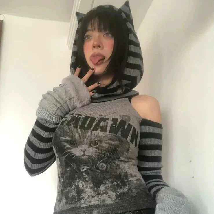 Gothic Gray Striped Cat Hooded Women's Top-Kawaii Dream
