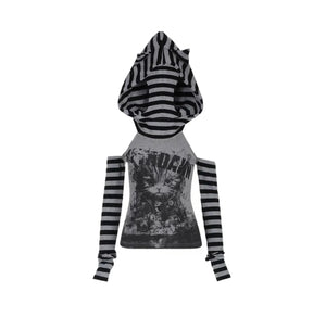 Gothic Gray Striped Cat Hooded Women's Top-Kawaii Dream