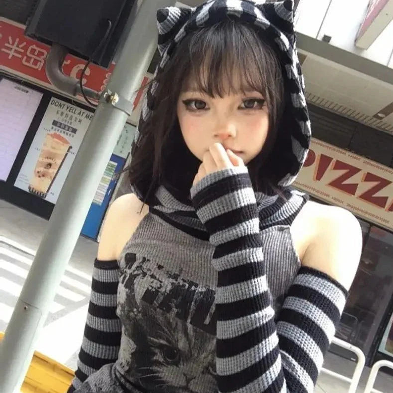 Gothic Gray Striped Cat Hooded Women's Top-Kawaii Dream