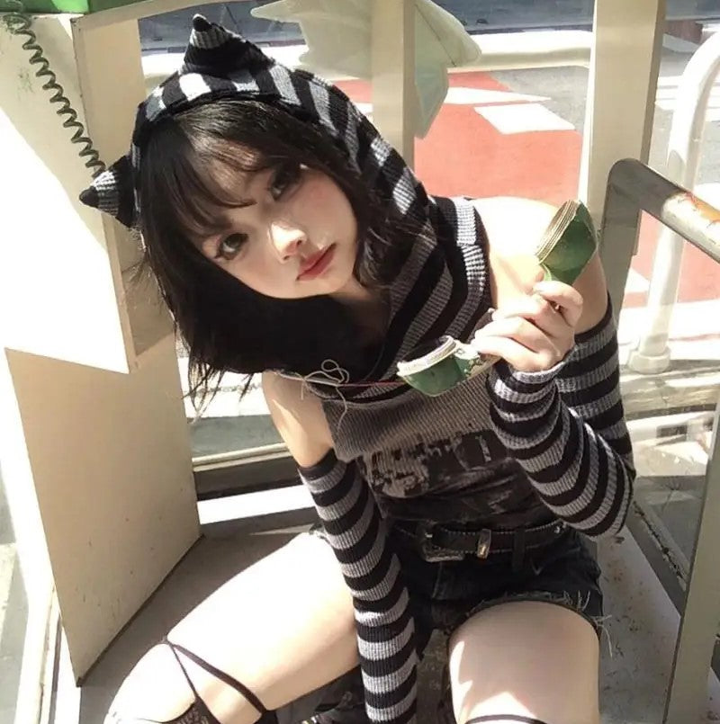 Gothic Gray Striped Cat Hooded Women's Top-Kawaii Dream