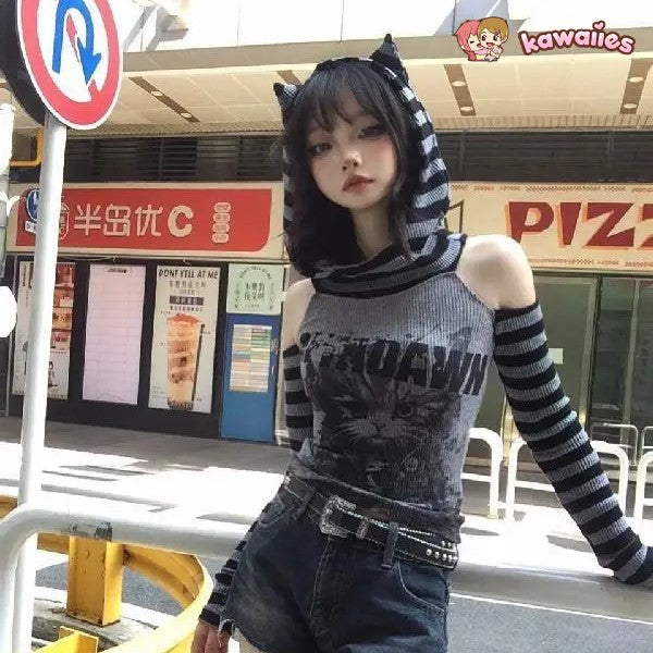Gothic Gray Striped Cat Hooded Women's Top-Kawaii Dream