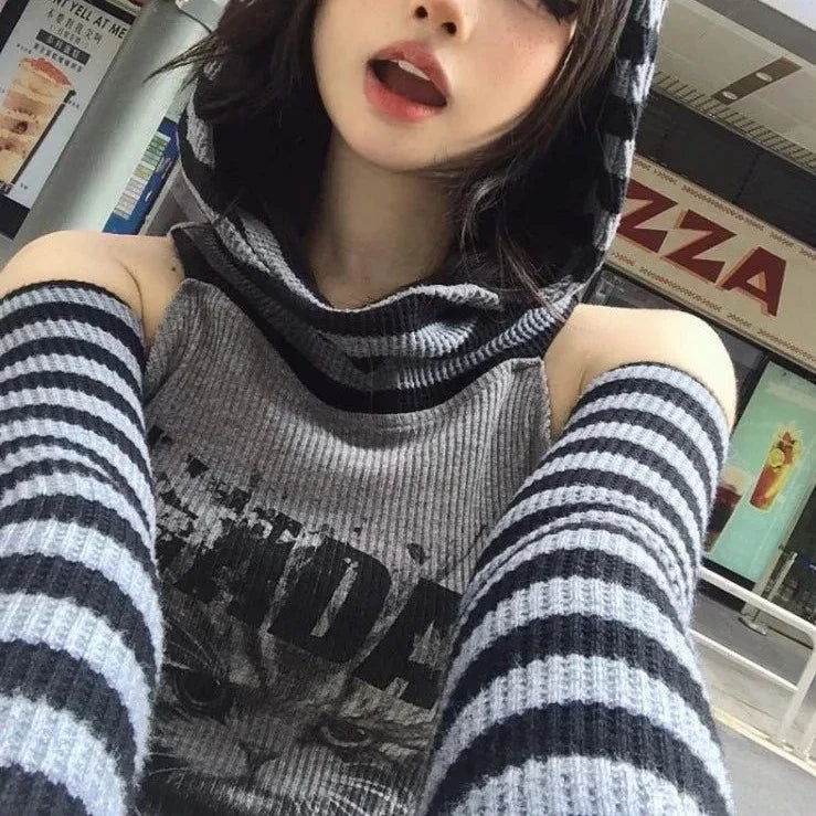 Gothic Gray Striped Cat Hooded Women's Top-Kawaii Dream