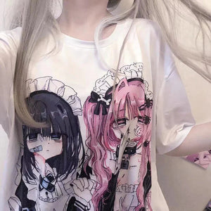 Gothic Harajuku Two Girls Long White Women's Tee-Kawaii Dream