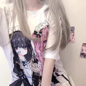 Gothic Harajuku Two Girls Long White Women's Tee-Kawaii Dream