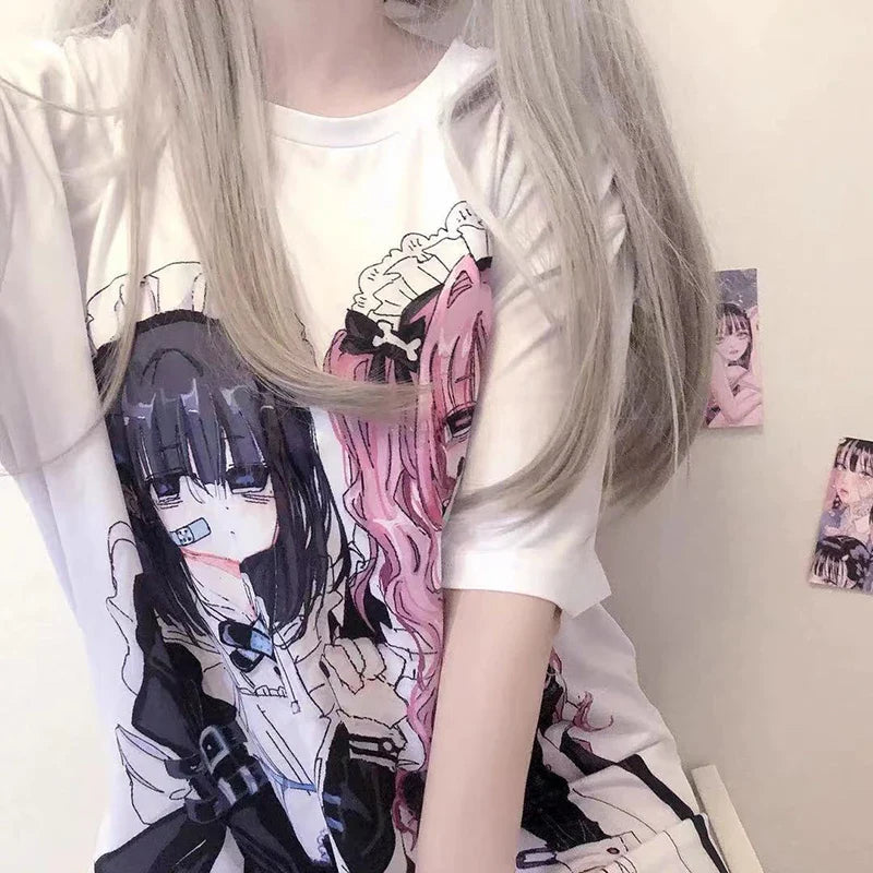 Gothic Harajuku Two Girls Long White Women's Tee-Kawaii Dream