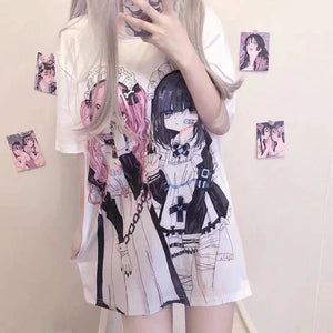 Gothic Harajuku Two Girls Long White Women's Tee-Kawaii Dream