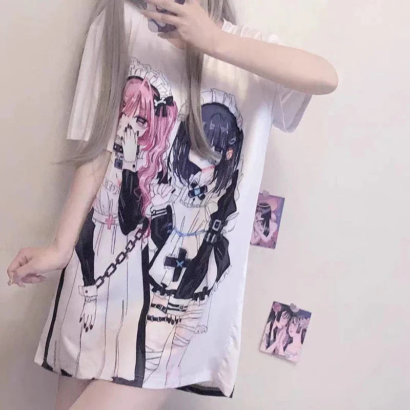Gothic Harajuku Two Girls Long White Women's Tee-Kawaii Dream