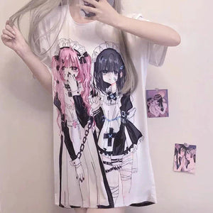 Gothic Harajuku Two Girls Long White Women's Tee-Kawaii Dream