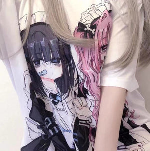 Gothic Harajuku Two Girls Long White Women's Tee-Kawaii Dream