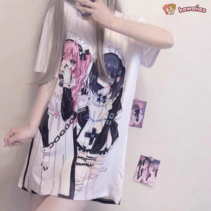 Gothic Harajuku Two Girls Long White Women's Tee-Kawaii Dream