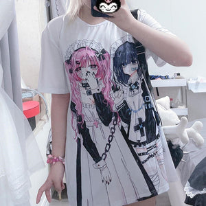 Gothic Harajuku Two Girls Long White Women's Tee-Kawaii Dream