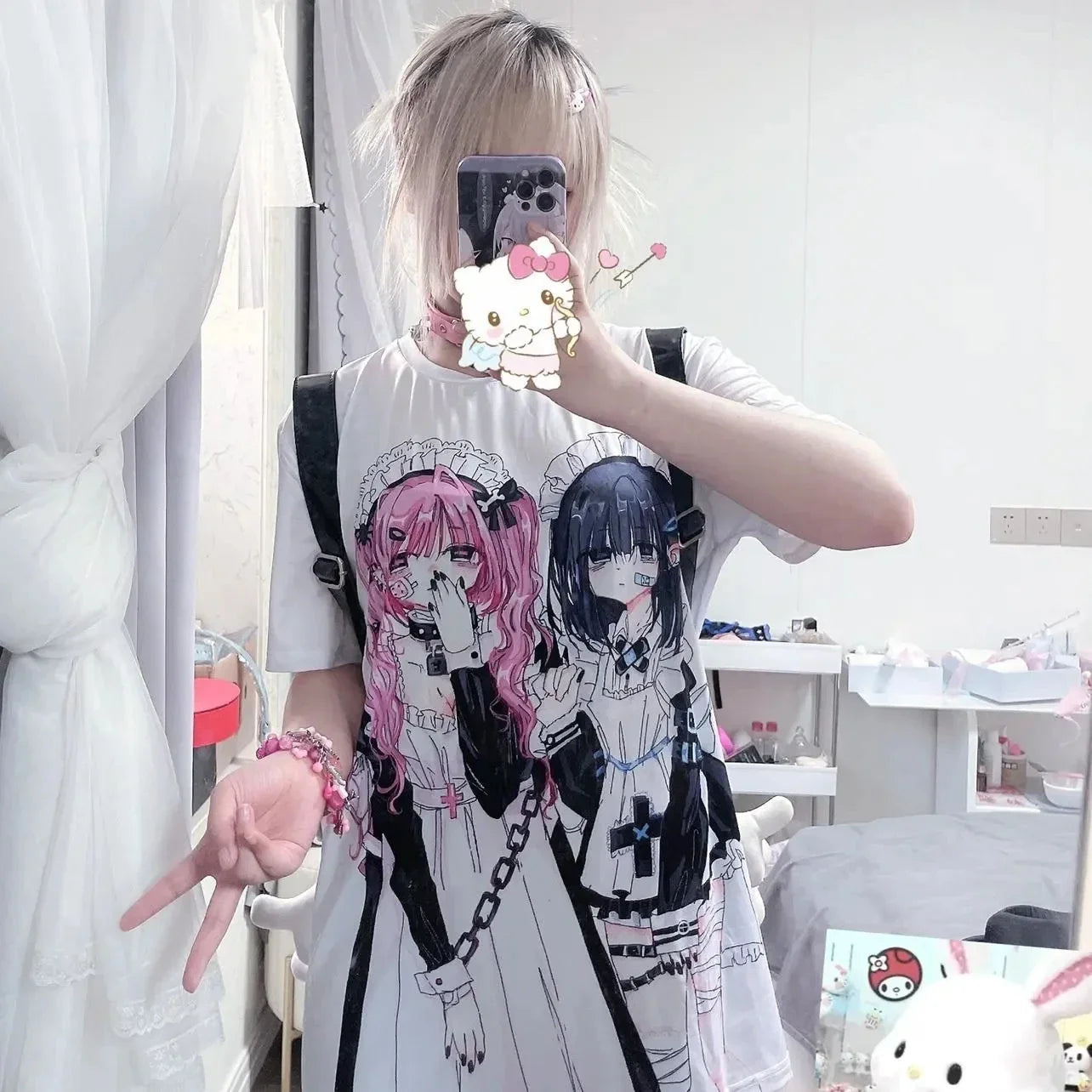 Gothic Harajuku Two Girls Long White Women's Tee-Kawaii Dream