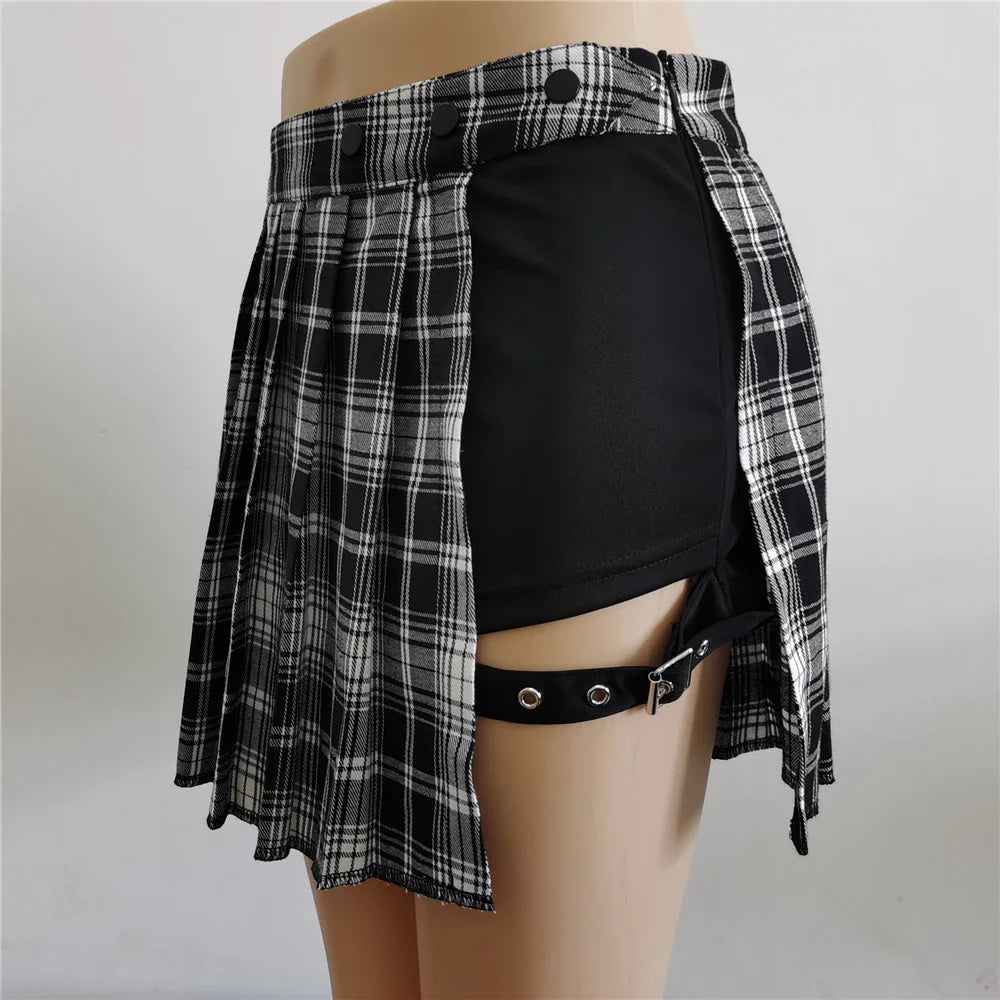 Half-Cut High Waist Black Checked Mini Skirts-Kawaii Dream