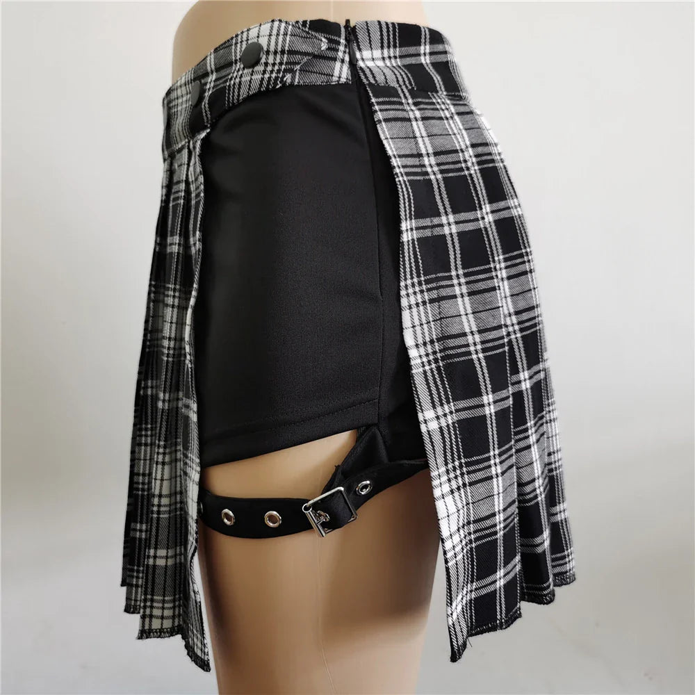 Half-Cut High Waist Black Checked Mini Skirts-Kawaii Dream