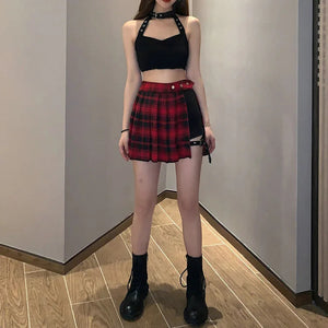 Half-Cut High Waist Black Checked Mini Skirts-Kawaii Dream