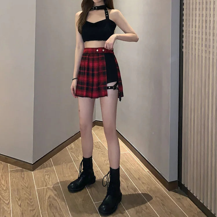 Half-Cut High Waist Black Checked Mini Skirts-Kawaii Dream