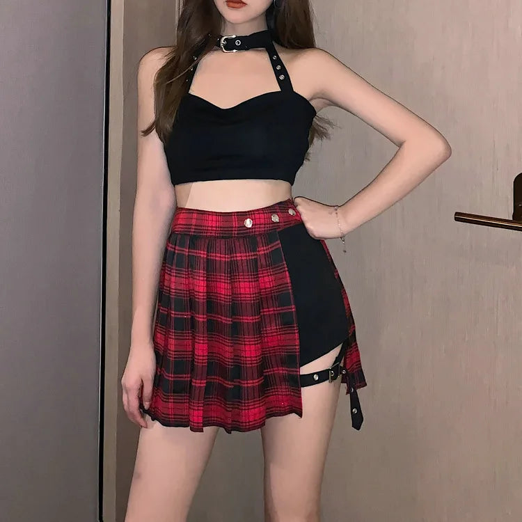 Half-Cut High Waist Black Checked Mini Skirts-Kawaii Dream