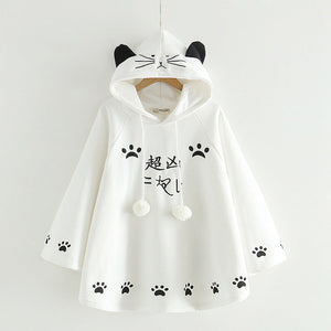 Harajuku Black Gray White Cat Hooded Cloak Coat-Kawaii Dream